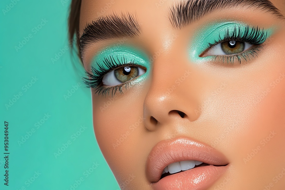 Poster mint color makeup look with pastel eyeshadows and soft lips, depicted in an artwork where a makeup l