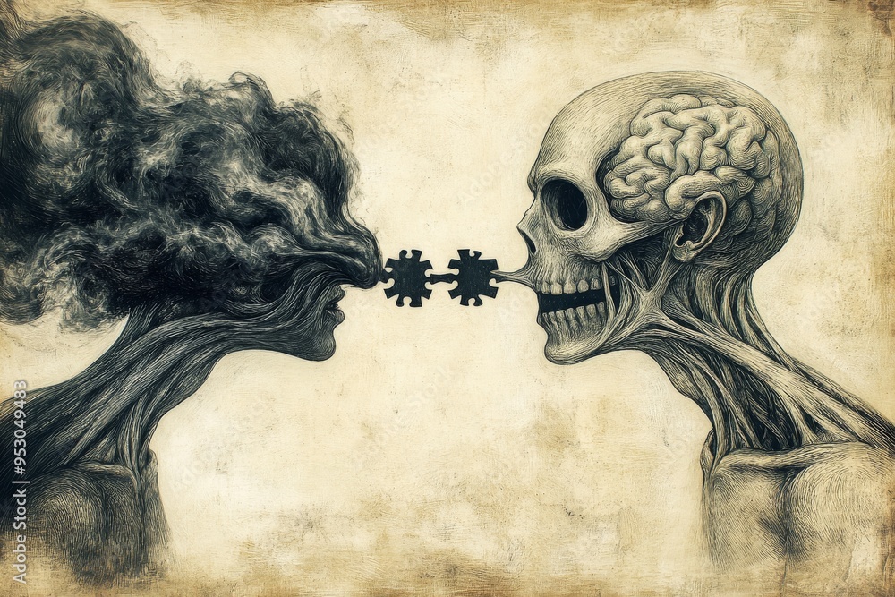 Poster debating skulls antique style illustration of two skulls arguing with brain gears representing the c