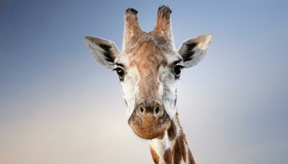 A close-up of a giraffe's face, its large eyes gazing forward, against a pale blue sky with 
