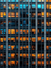 A photo of the facade of an office building with rows of windows, each window glowing subtly from within
