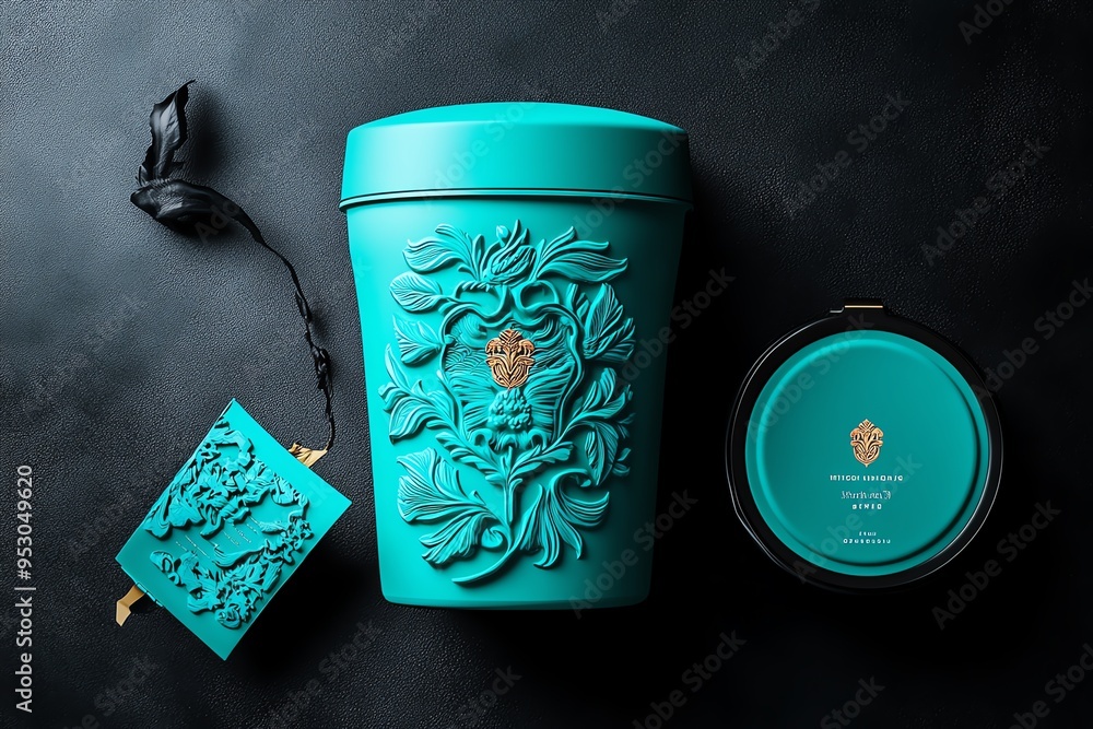 Poster mint color packaging design with elegant typography, depicted in an artwork where product packaging 