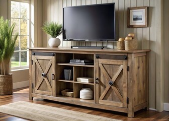 Farmhouse TV Console Hutch Rustic Modern Entertainment Center Country Home Decor TV Stand Style Wood Brown Wood Finish