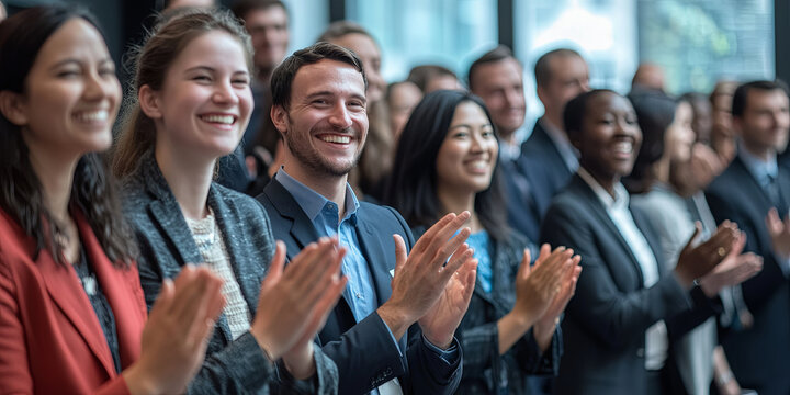 Multi ethnic group of business people clapping and smiling at a conference, generative AI