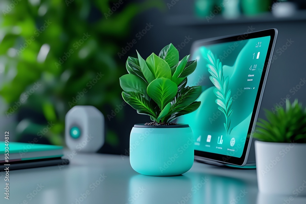 Aufkleber Mint color technology with a minimalist UI design, depicted in an artwork where a digital interface features a minimalist design with mint-colored elements, creating a clean and modern look