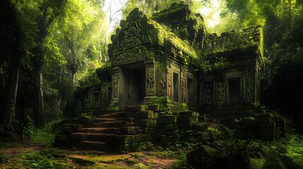 Ancient jungle ruin deep in the jungle overgrown with vines and moss-covered stones intricate carvings on weathered structures surrounded by lush green vegetation