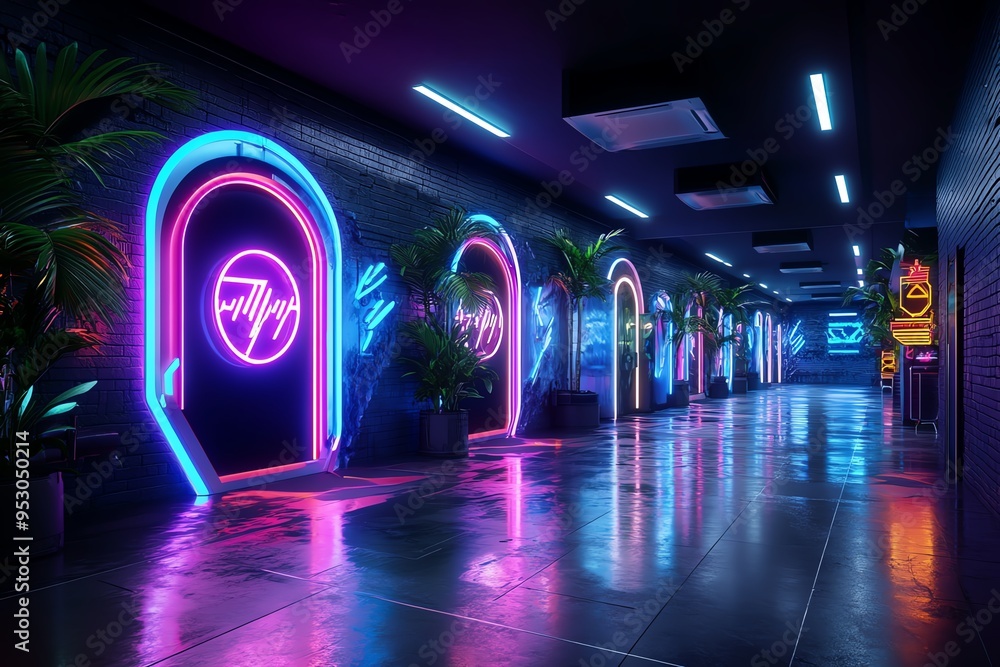 Aufkleber neon color cyberpunk environment with glowing signs and futuristic elements, captured in a photo whe