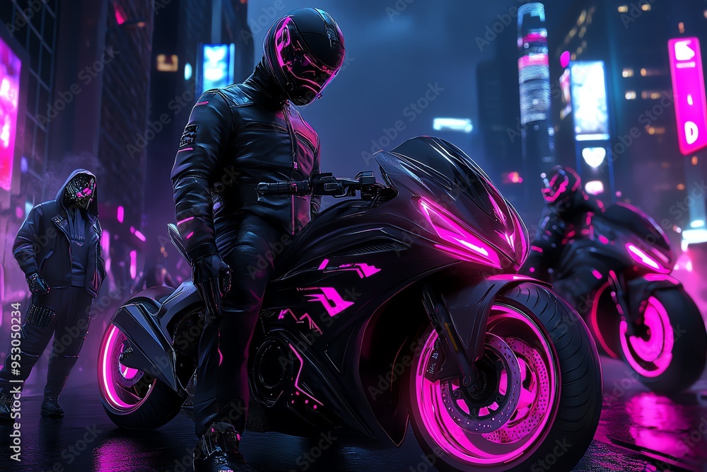 Poster neon color cyberpunk theme with futuristic cityscapes and characters, depicted in an artwork where a