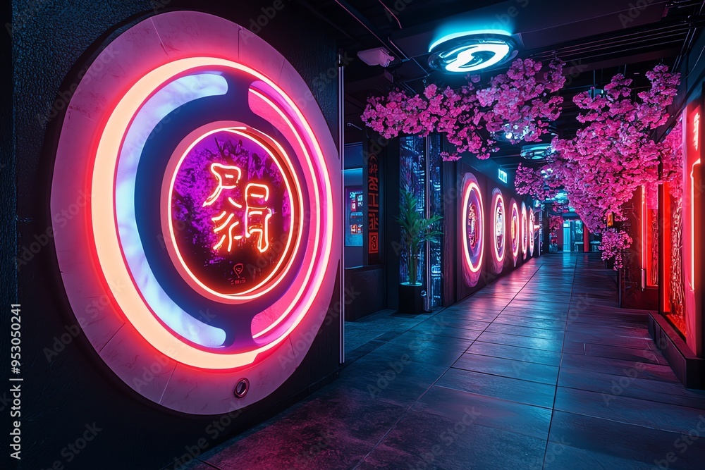 Poster neon color cyberpunk environment with glowing signs and futuristic elements, captured in a photo whe