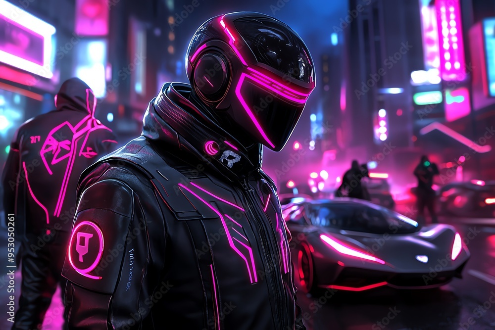 Poster neon color cyberpunk theme with futuristic cityscapes and characters, depicted in an artwork where a