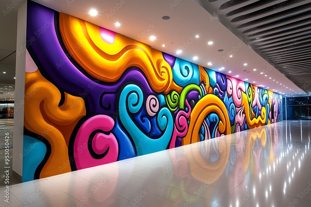 Poster Neon color graffiti art with dynamic and expressive patterns, depicted in an artwork where a graffiti mural features neon-colored patterns and shapes, creating a bold and eye-catching piece