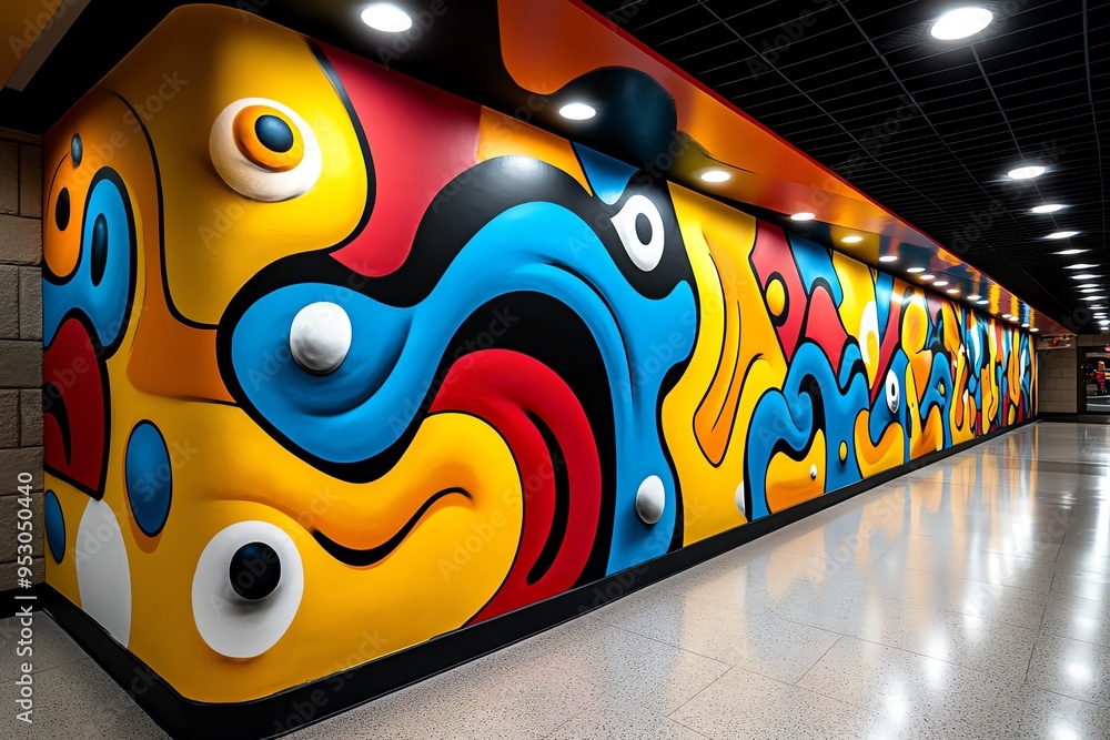 Poster Neon color graffiti art with dynamic and expressive patterns, depicted in an artwork where a graffiti mural features neon-colored patterns and shapes, creating a bold and eye-catching piece