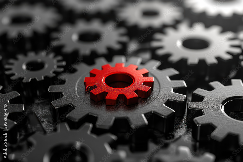 Poster close-up of a set of black gears with a single red gear, symbolizing individuality, uniqueness, and 