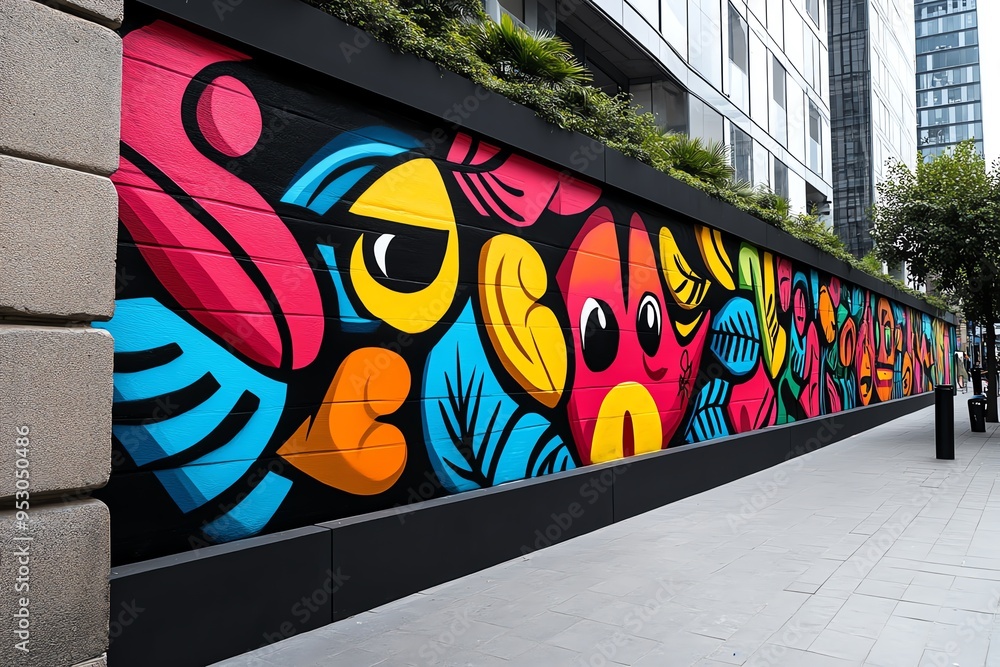 Poster neon color graffiti with bold and expressive patterns, illustrated in a scene where a graffiti mural