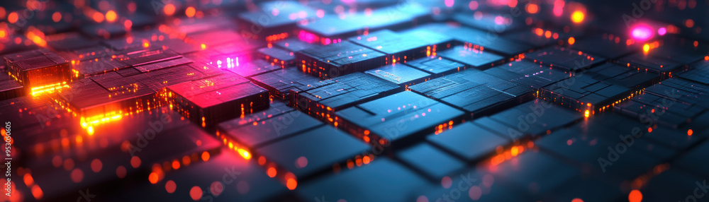 Poster futuristic digital landscape with glowing circuit boards and interconnected technology. abstract rep