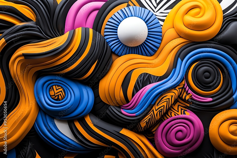 Poster Neon color patterns with stripes and abstract shapes, depicted in an artwork where patterns feature neon-colored stripes and abstract shapes, creating a visually striking and energetic design