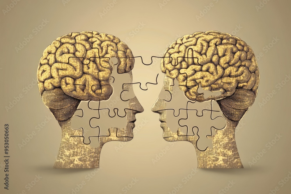 Poster two human heads with brain puzzle pieces on vintage background symbolizing memory thought processes 