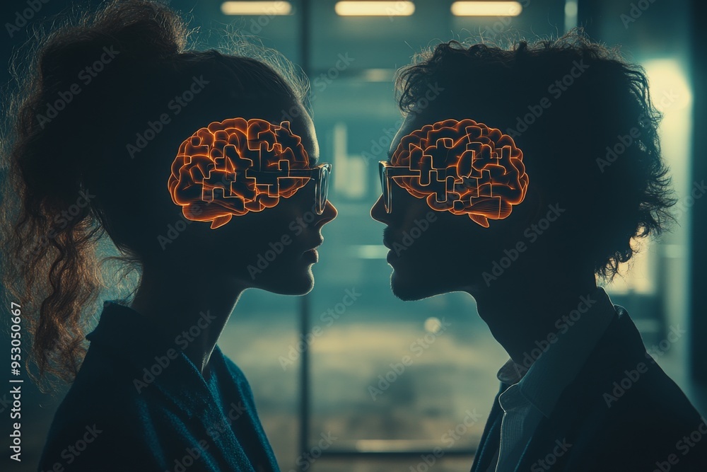 Poster silhouettes of two people with brain puzzles illuminated reflecting intellectual connection and thou