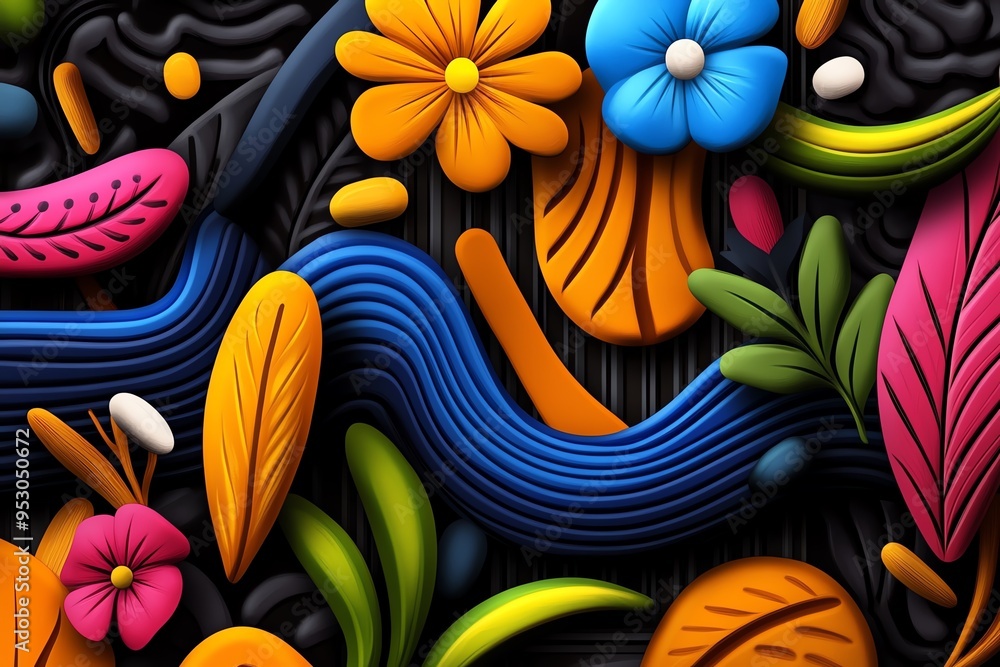 Fototapete Neon color patterns with stripes and abstract shapes, depicted in an artwork where patterns feature neon-colored stripes and abstract shapes, creating a visually striking and energetic design