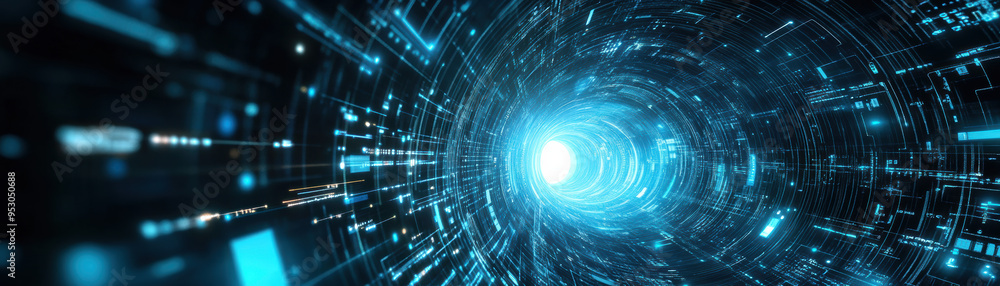 Poster a digital tunnel with a bright light at the end, representing the concept of data flow and futuristi