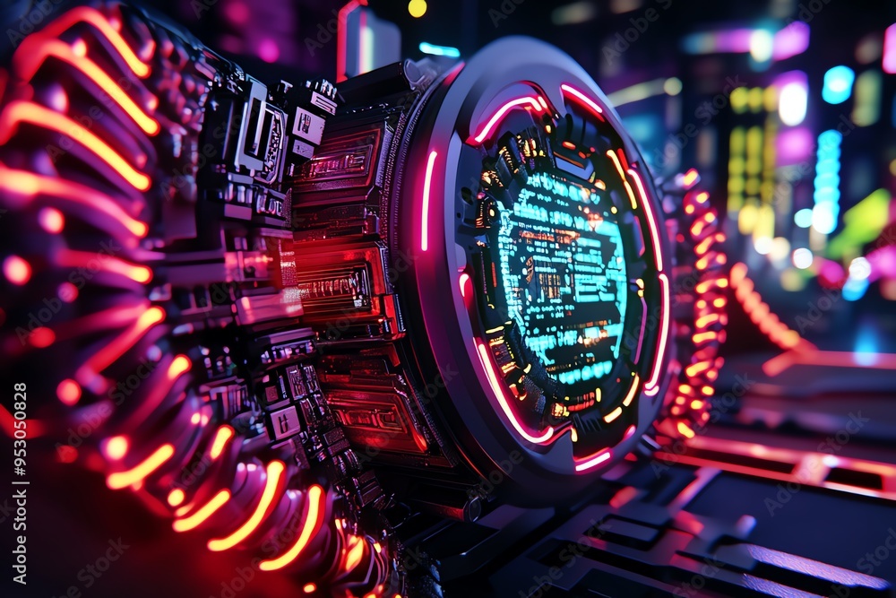 Poster neon color technology with led lights and digital displays, depicted in an artwork where a futuristi