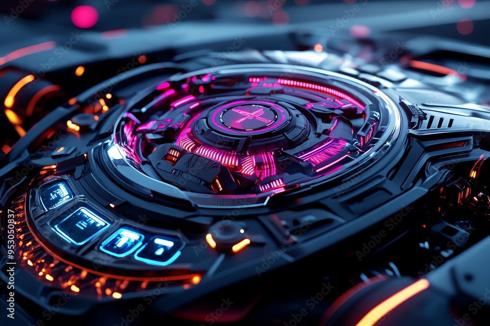 Poster neon color technology with led lights and digital displays, depicted in an artwork where a futuristi