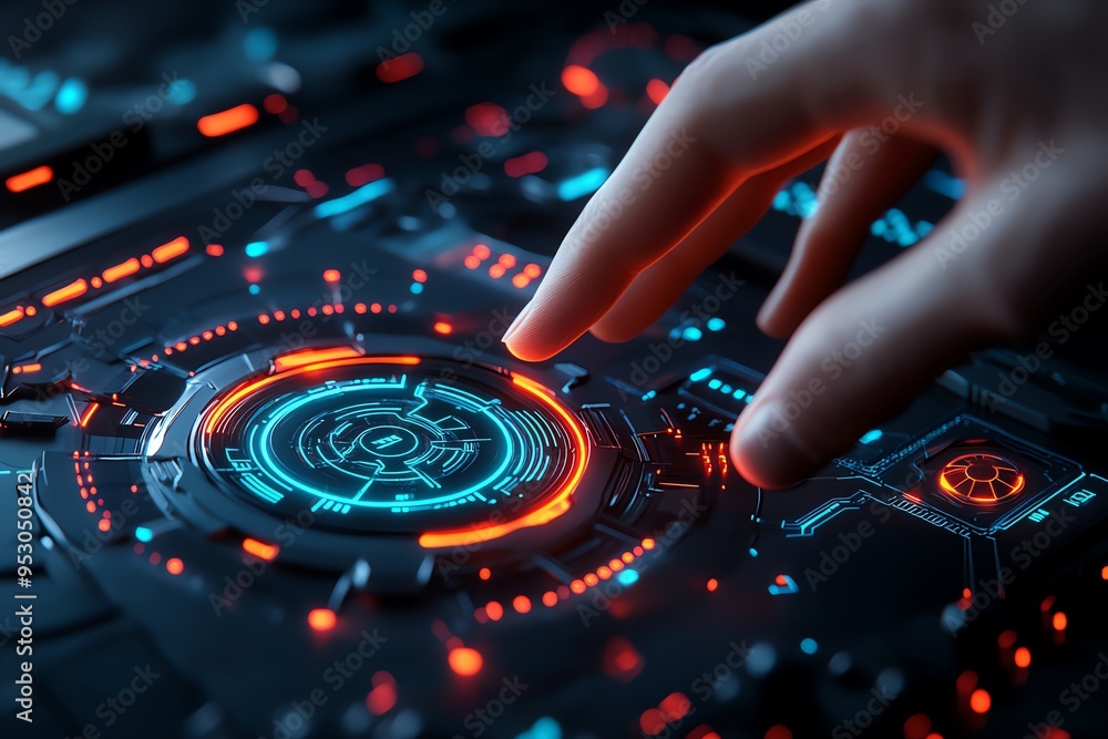 Poster Neon color technology with glowing effects and futuristic interfaces, depicted in an artwork where futuristic technology is illuminated by neon-colored effects, with glowing interfaces and vibrant