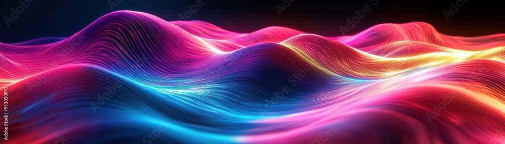 Poster vibrant neon wave patterns in an abstract digital artwork, showcasing luminous colors and flowing, d