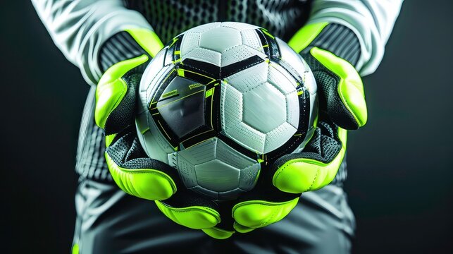 Closeup of a soccer goalkeeper wearing neon green gloves holding a soccer ball.