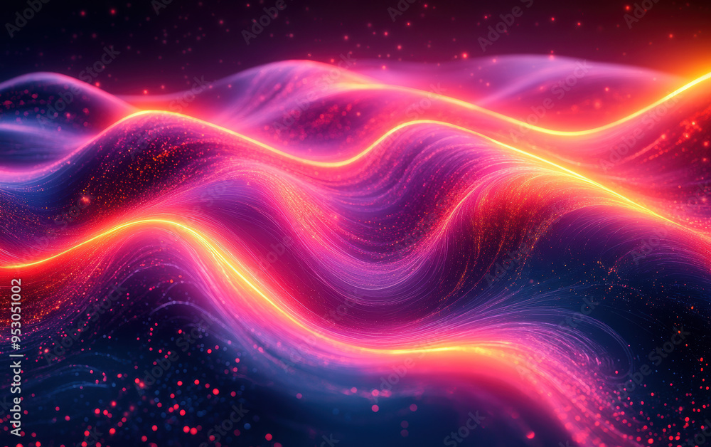 Poster abstract digital waves illuminated with vibrant neon pink and purple lights, creating a futuristic a