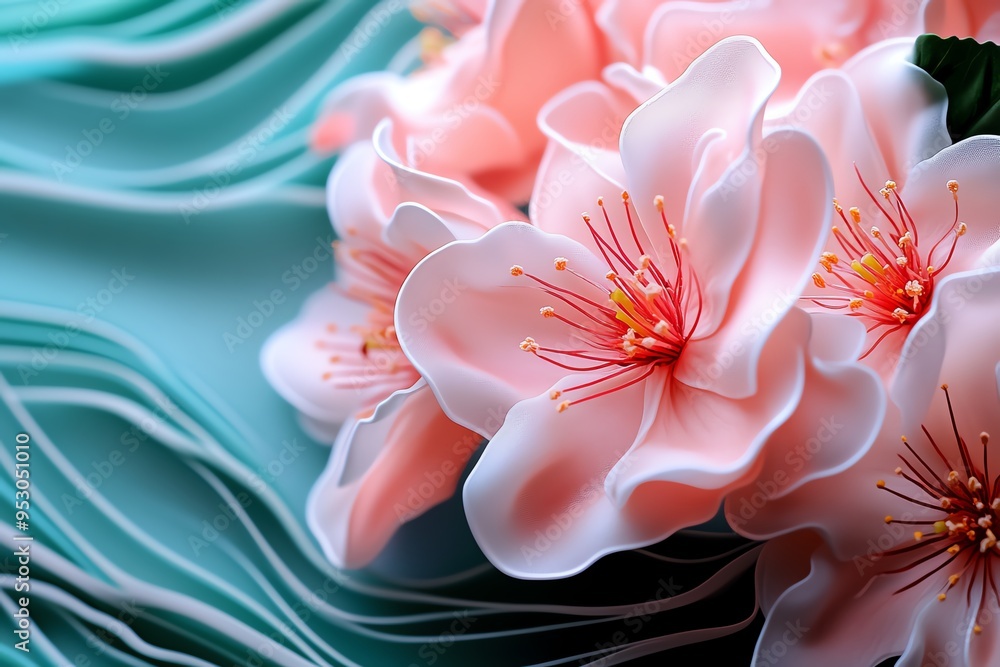 Poster Peach blossom abstract art with soft gradients and flowing lines, captured in a photo where abstract art features soft gradients in pink and green, with flowing lines representing the delicate