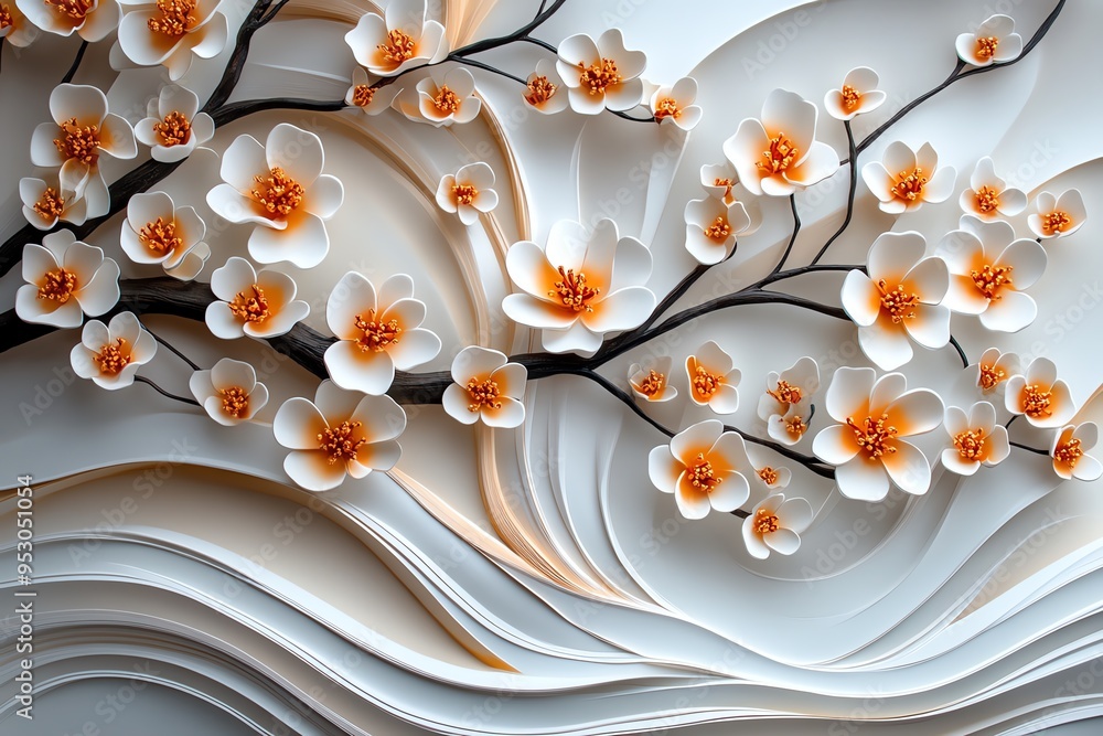 Poster Peach blossom abstract landscape with flowing lines and soft colors, illustrated in a scene where an abstract landscape features flowing lines and soft colors representing peach blossoms, creating