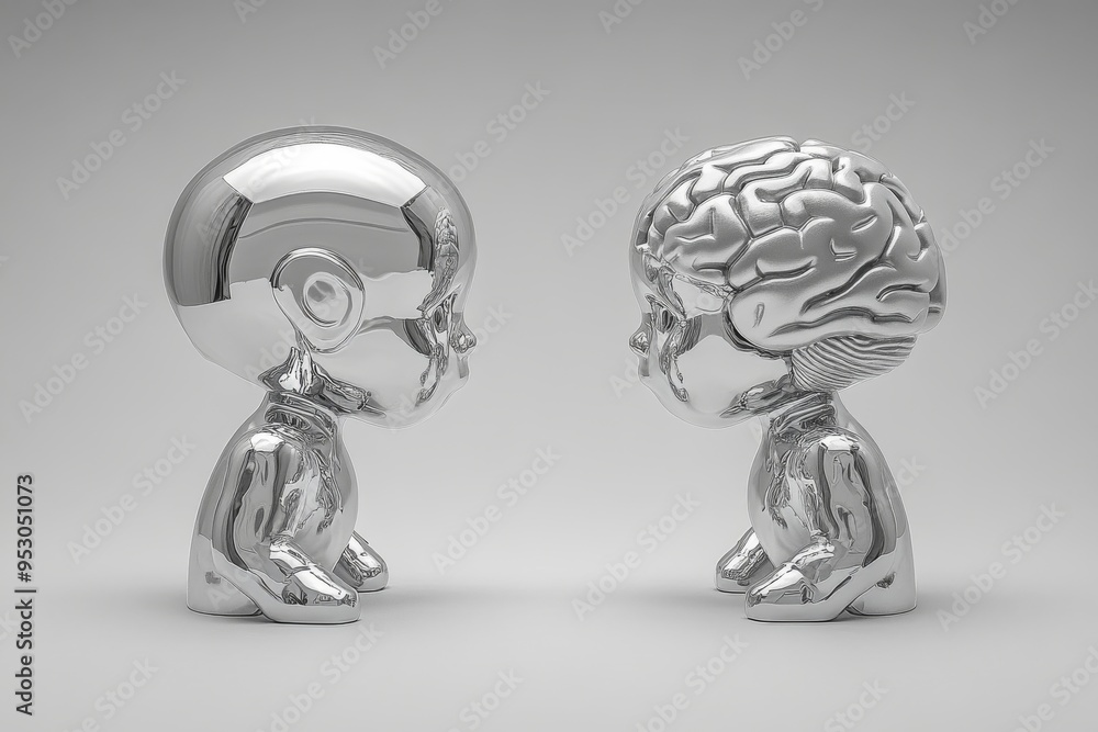 Poster silver robotic babies facing each other representing the future of ai robotic evolution and the inte