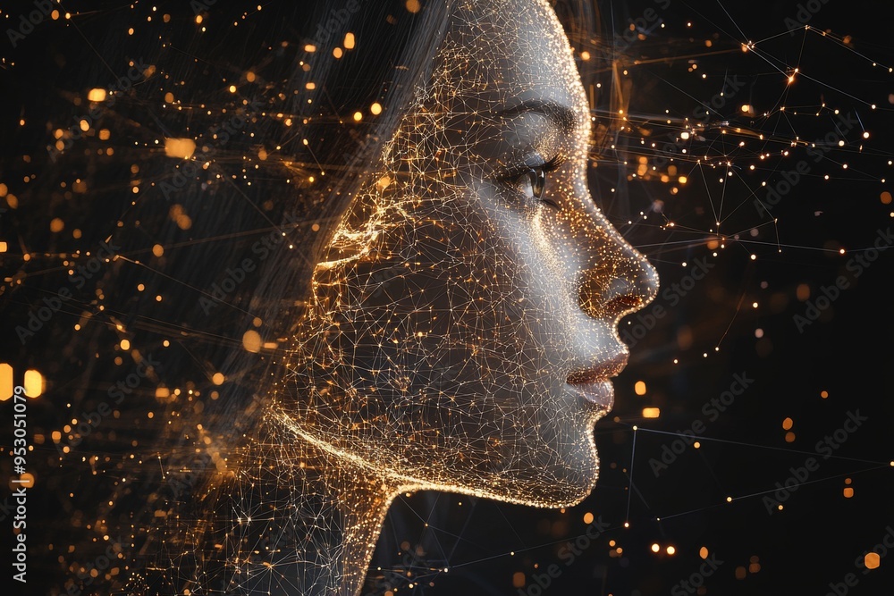 Poster womans face dissolving into digital particles representing the integration of human consciousness wi