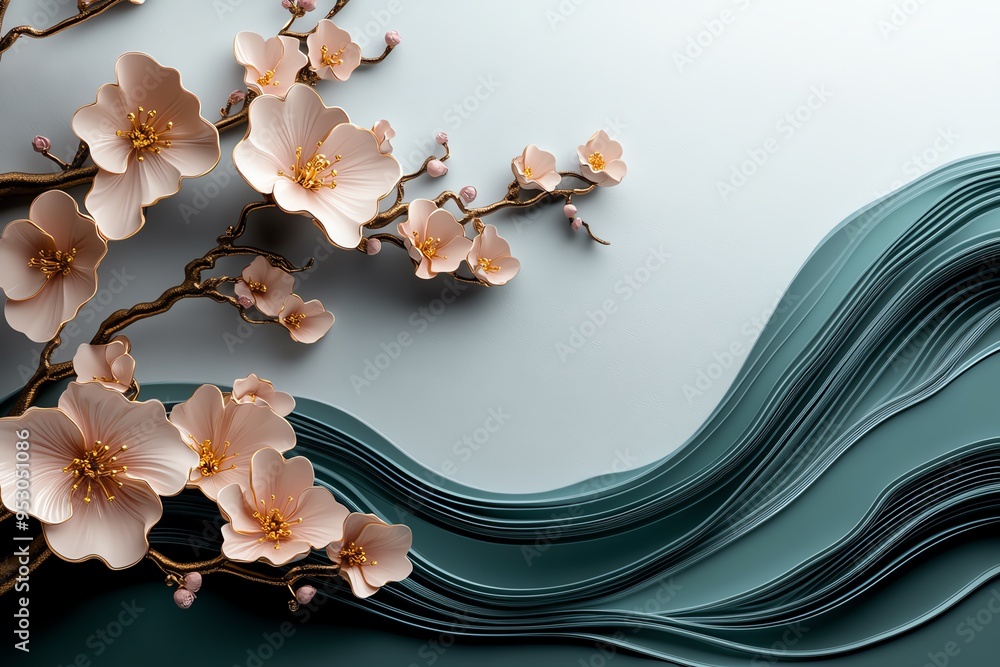 Poster Peach blossom abstract landscape with flowing lines and soft colors, illustrated in a scene where an abstract landscape features flowing lines and soft colors representing peach blossoms, creating