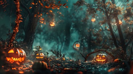 Obraz premium Spooky Halloween Jack-o'-Lanterns Glowing in a Dark Forest