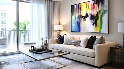 Contemporary Living Room with White Sofa and Abstract Artwork