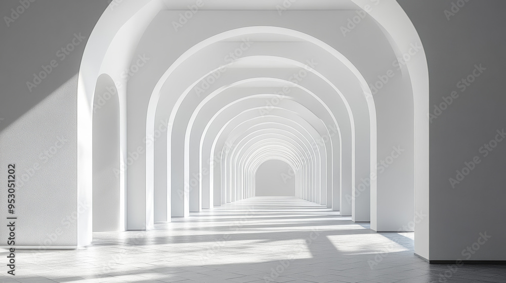 Poster sunlit corridor with white arches casting shadows on tiled floor, creating a modern and serene archi