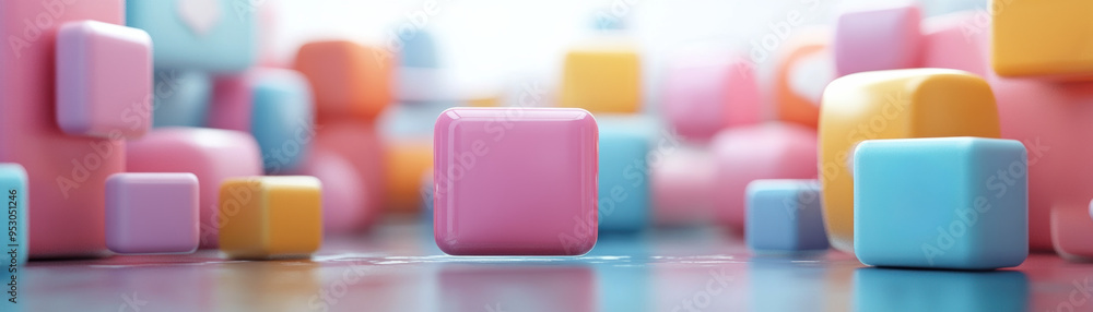 Poster pastel-colored abstract blocks arranged in a random pattern, creating a soft and playful visual effe