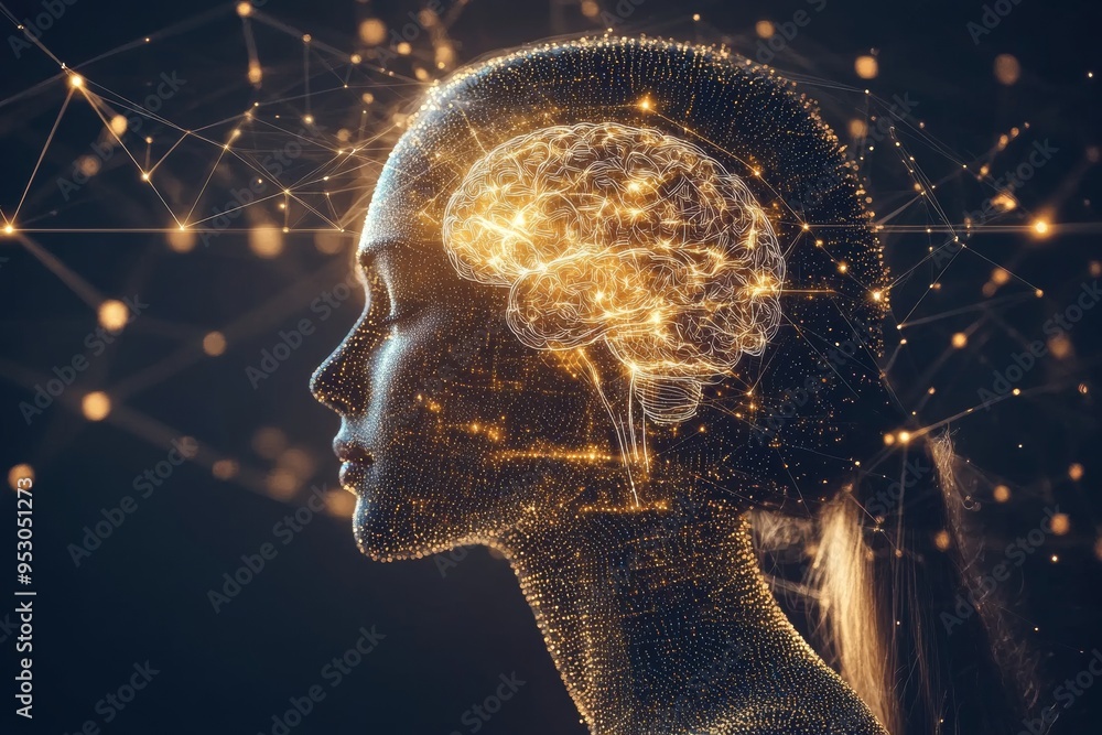 Poster human brain glowing with neural connections representing cognitive connectivity intelligence and the