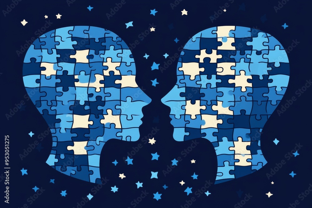 Poster two blue heads with puzzle pieces representing cognitive unity interconnectedness and the exchange o