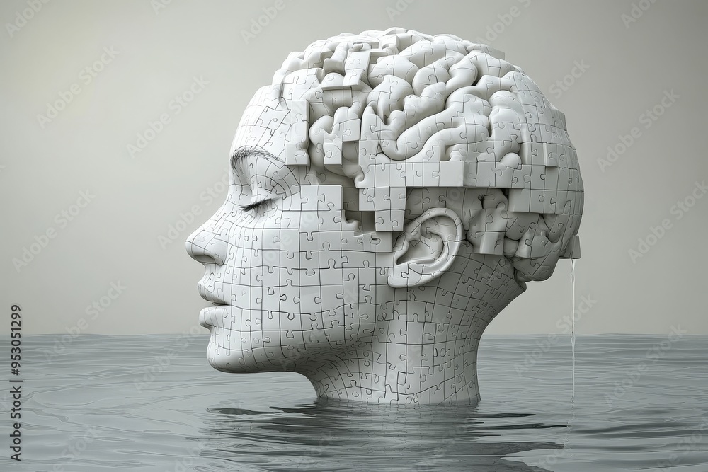 Poster female head with brain puzzle missing representing mental health self reflection and the journey tow