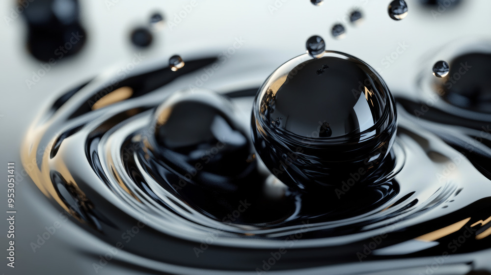 Poster abstract close-up of reflective black spheres creating ripples on a glossy surface, showcasing dynam