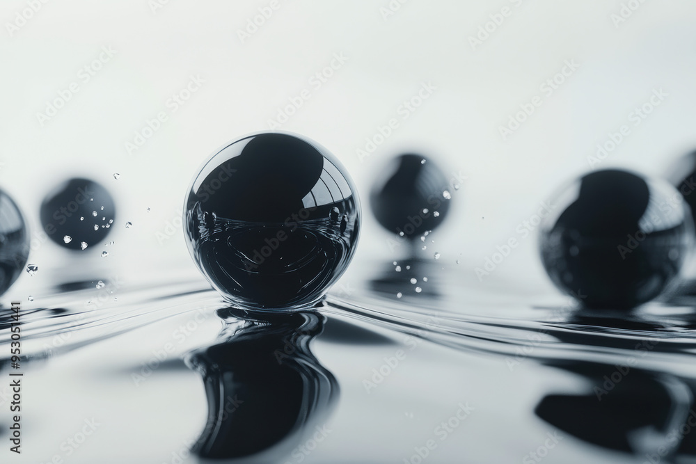 Poster abstract image of black spheres on a reflective liquid surface, creating a surreal and modern visual