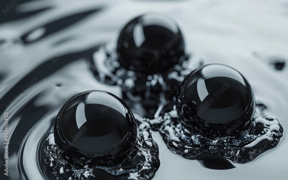 Poster three black, glossy spheres floating on a reflective, ink-like surface with intricate ripple pattern