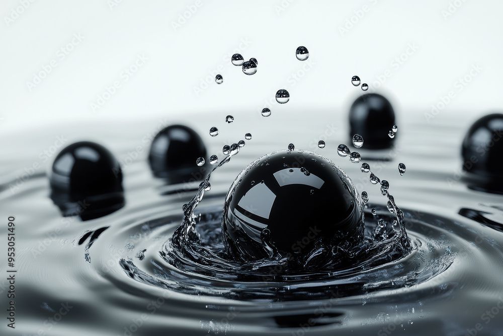 Aufkleber black spheres splashing in water, creating ripples. minimalistic and abstract shot with reflective s