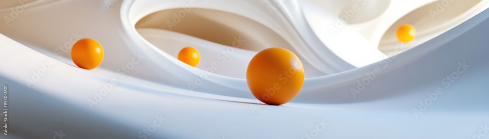 Poster abstract image of orange spheres on a flowing white surface, creating a modern and minimalistic desi