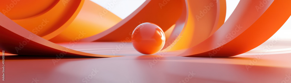 Poster abstract with vibrant orange ribbons curving around a glossy orange sphere on a smooth surface, crea