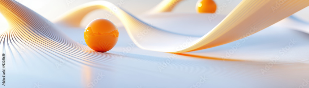 Poster abstract scene with smooth flowing waves and vibrant orange spherical objects, creating a calm and m
