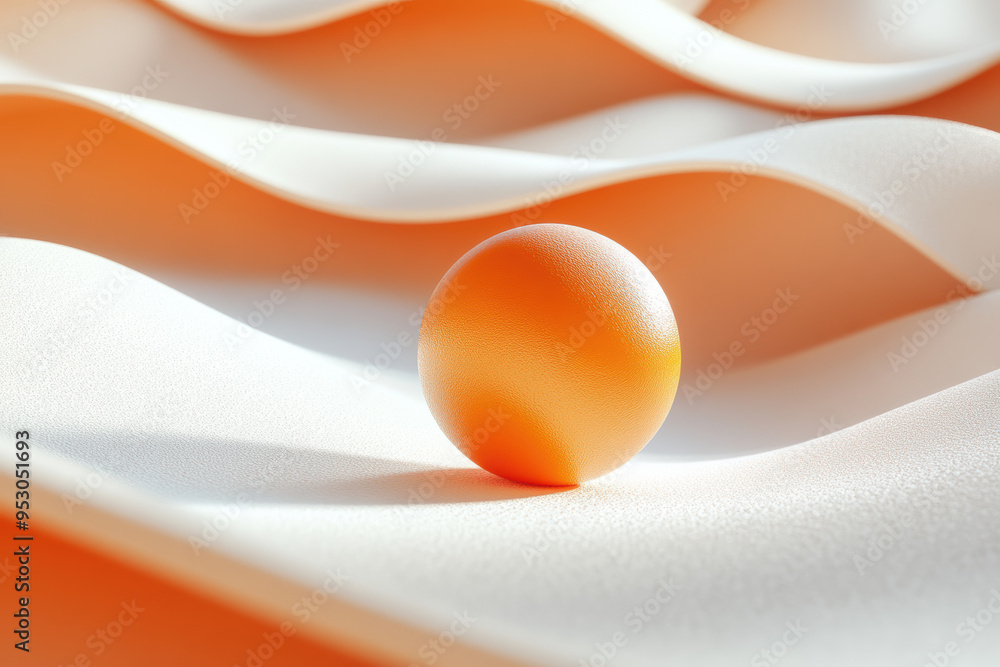 Poster abstract image of an orange sphere on a white textured wavy surface, blending minimalism with modern