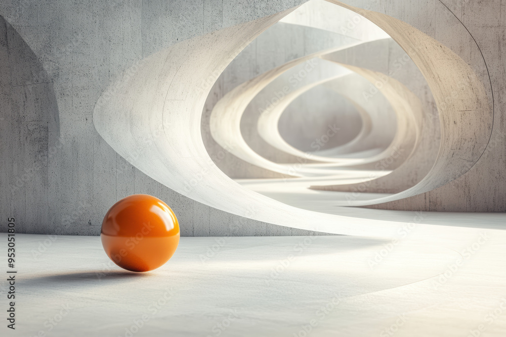 Poster abstract image of an orange sphere in a futuristic architectural space with curving concrete forms c